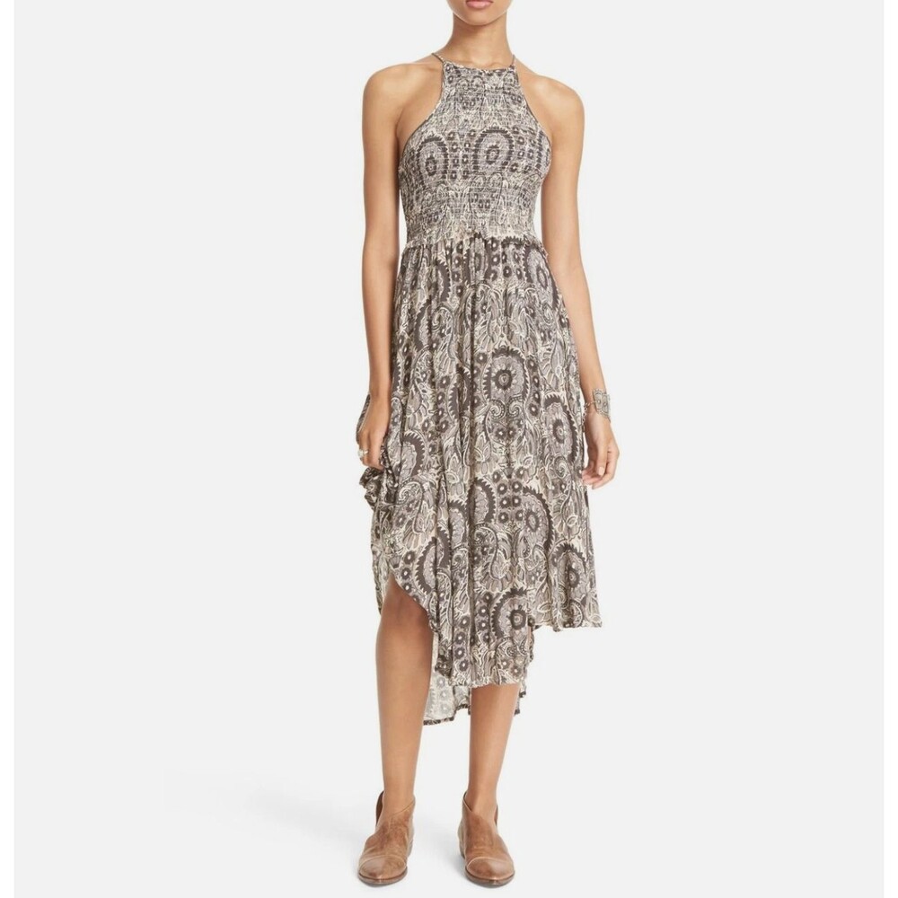 Free People Dress smocked paisley midi womens Brown (xsmall) boho vacation beach